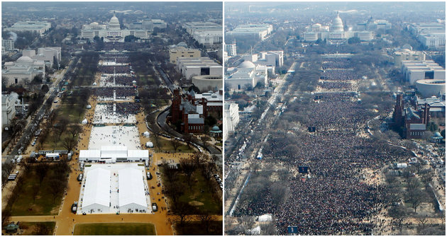 A combination of photos shows the crowds attending the inauguration ceremonies of U.S. President Donald Trump and President Barack Obama